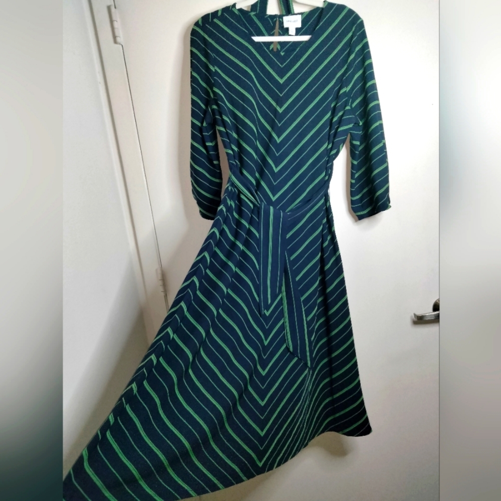 Nine West (Size XL) Navy Blue & Green Striped 3/4 Sleeves Stretch Belted Dress